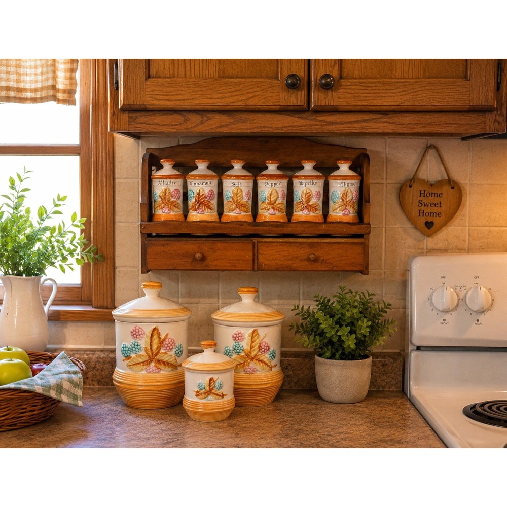 Vintage Japan Ceramic Spice Rack Set 6 Jars Wood Rack‎ 3 Canisters Leaf Decor